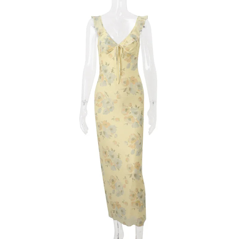 LONG FLORAL PARTY DRESS WITH V-NECKLINE