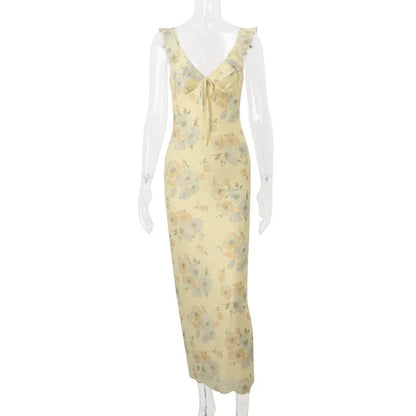 LONG FLORAL PARTY DRESS WITH V-NECKLINE