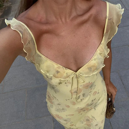LONG FLORAL PARTY DRESS WITH V-NECKLINE