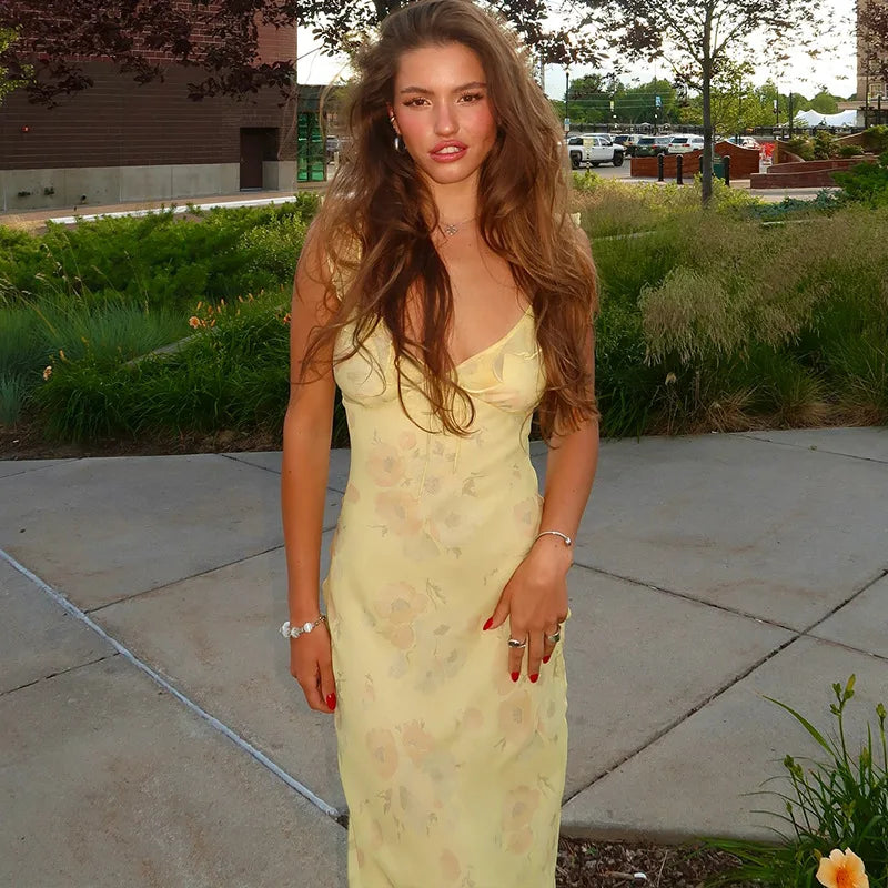 LONG FLORAL PARTY DRESS WITH V-NECKLINE