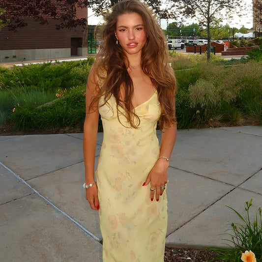 LONG FLORAL PARTY DRESS WITH V-NECKLINE