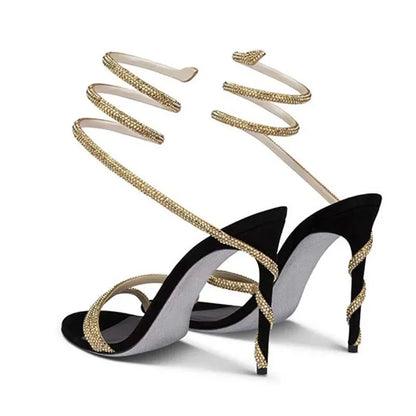 SPIRAL RHINESTONE WRAP HIGH HEEL SANDALS