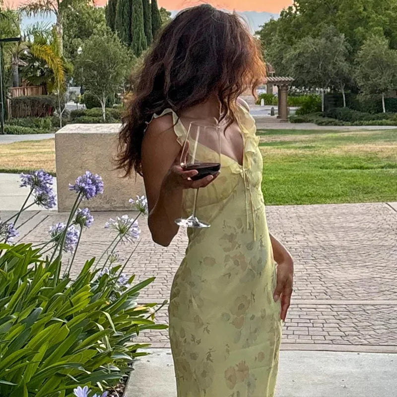 LONG FLORAL PARTY DRESS WITH V-NECKLINE