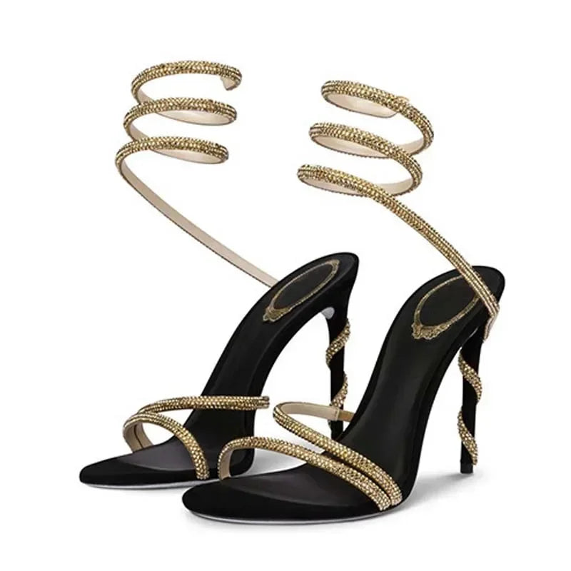 SPIRAL RHINESTONE WRAP HIGH HEEL SANDALS