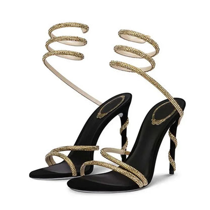 SPIRAL RHINESTONE WRAP HIGH HEEL SANDALS